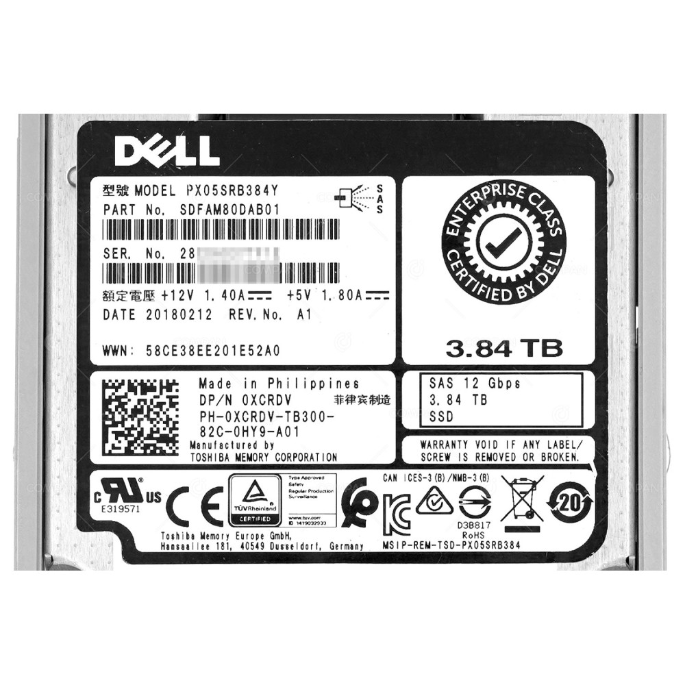 XCRDV DELL SSD 3.84TB SAS 12G 2.5" SFF FOR DELL POWEREDGE G11 G12 G13
